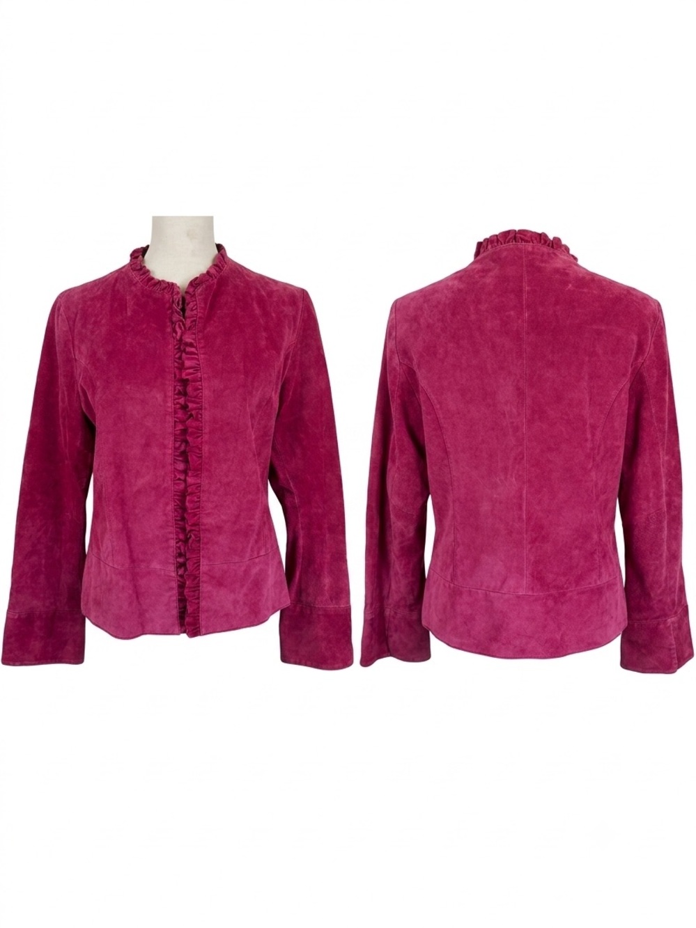 Ruffled Suede Leather Jacket in Magenta